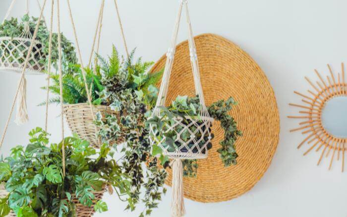 Vasos suspensos são perfeitos para decoração com plantas pendentes. vasos-suspensos-com-plantas-pendentes-em-area-interna-rica-em-luz-natural-e-decoracao-estilo-clean