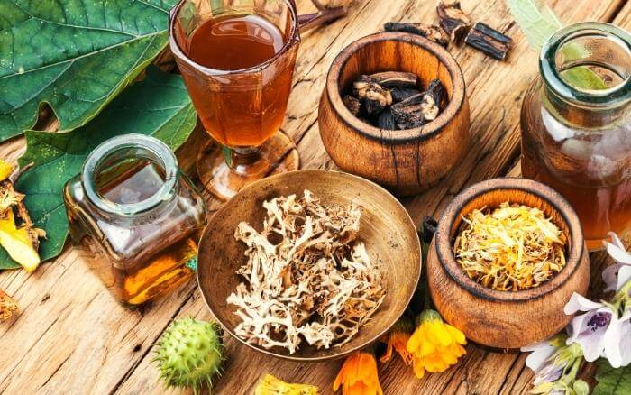 Ervas e plantas medicinais, que são ingredientes tradicionais de medicamentos fitoterápicos sendo usadas no preparo de remédios caseiros.