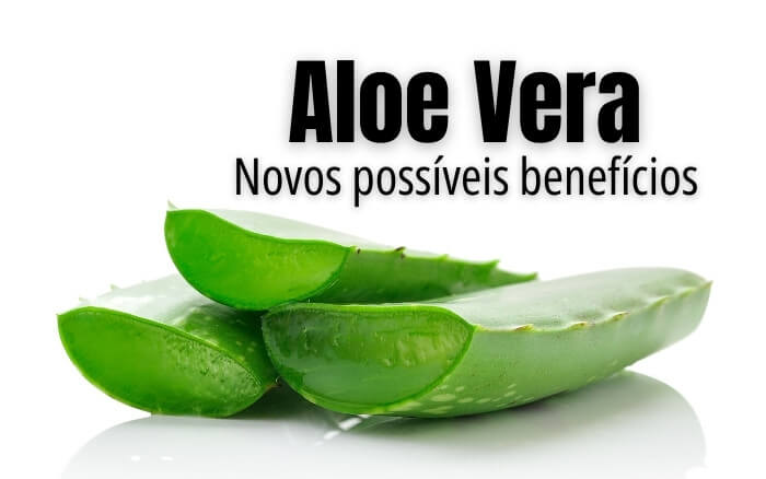 O uso da Aloe Vera no combate ao câncer, no tratamento da pressão arterial e em tratamentos contra colesterol, não possuem comprovação científica. Imagem da planta Aloe Vera sobre fundo branco, com texto: Aloe Vera novos possíveis benefícios. Fazendo alusão as pesquisas que visão comprovar novos usos medicinais do gel da Babosa.